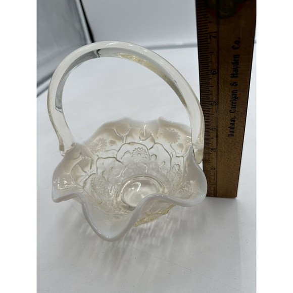 Fenton Handle Basket Bowl with Ruffled Edge Floral Pattern Opalescent Vintage - Picture 9 of 9